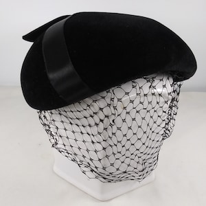 1950s Cocktail Hat Black Velvet Rhinestones Veil Paris Copy for G. Fox & Co.