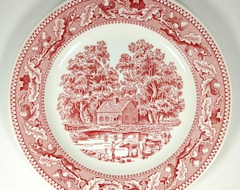 Piatto piano Royal China Memory Lane, decorazione a trasferimento rosso, in ceramica Ironstone, anni '60