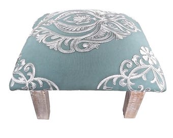 French Country Footstool: Blue Floral Brocade, Pickled White Legs