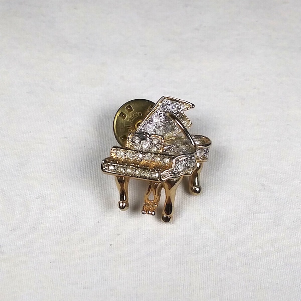 Ballou Reg'd Pin / Brooch Grand Piano Gold Tone Rhinestones Vintage Late 20th Century