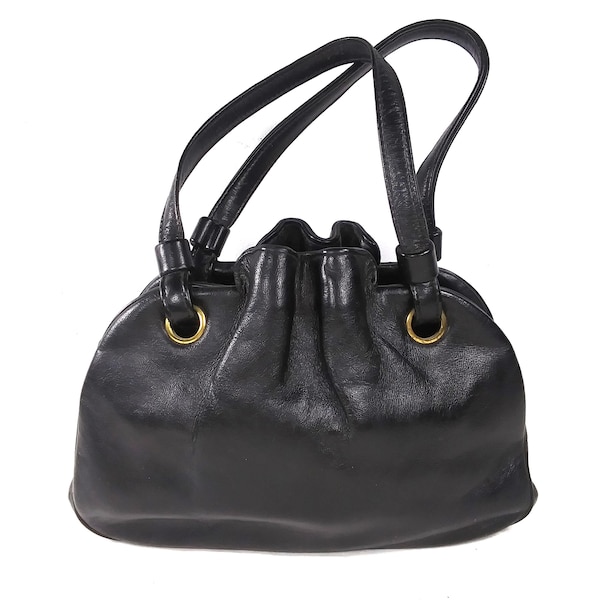 Ingber Black Leather Handbag Purse Vintage 1960s Pinch Pleat Top Strap Handles