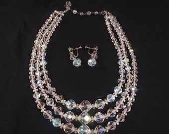 3 Strand Necklace Aurora Borealis Beads Adjustable & Screw Back Earrings Set