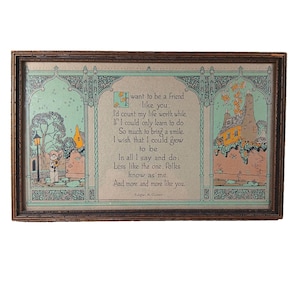 May include: A rectangular framed print featuring a poem by Edgar A. Guest. The text is centered within a light green border decorated with illustrations of a street lamp, a small figure, and a house. The frame is dark brown with a textured finish.