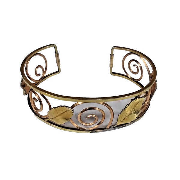 Krementz Signed Cuff Bracelet Leaves & Swirls Mixed Metal Rose Gold Tone Vintage