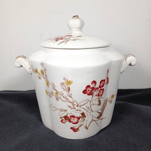 Antik sockerskål med lock, blommig transferware, engelsk