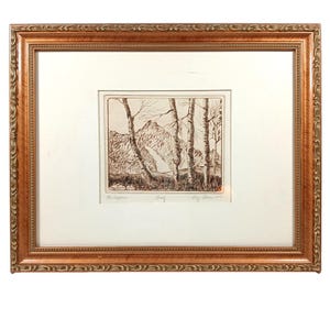 Op de afbeelding: Een ingelijste landschapskunstprint met een berglandschap met bomen op de voorgrond. Het kunstwerk is in sepia tinten en is geplaatst in een goudkleurige, sierlijke lijst. De print bevat de tekst "Mt. Aspens", "Graf" en de handtekening van de kunstenaar.