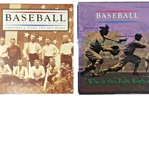 May include: Two vintage hardback books about baseball. The book on the left has a photo of a baseball team from the early 1900s. The book on the right has a photo of a baseball player in action. The text on the cover of the book on the right reads "The Wild Horse of  Change" and "Who is this Baby Ruth and..."