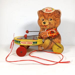 Fisher Price Teddy Zilo Musical Wooden Pull Toy Plays Xylophone VTG 1964-1967, Mid Century Collectible, Retro Nursery Decor, Birthday Gift