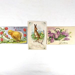 Cartoline pasquali antiche Lotto di 3 Pulcino 1911 - Coniglio 1914 - Cesto di fiori 1903