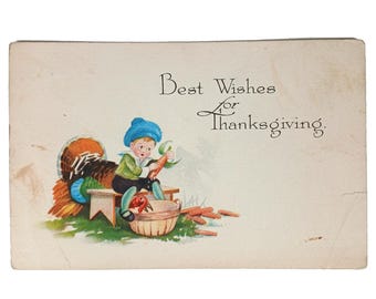 Antique Gibson Thanksgiving Postcard Boy Shucking Corn Turkey Sneaking Kernals