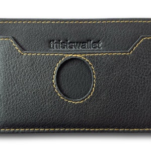 May include: Black leather wallet with a yellow stitch detail and the text "this is wallet" embossed on the front.