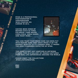 May include: A dark blue background with text and images. The text reads "RYAN IS A PROFESSIONAL PHOTOGRAPHER & VIDEOGRAPHER WHO STARTED HIS CAREER IN 2012." The image also includes a photo of a person standing near cars.
