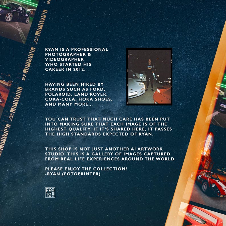May include: A dark blue background with text and images. The text reads "RYAN IS A PROFESSIONAL PHOTOGRAPHER & VIDEOGRAPHER WHO STARTED HIS CAREER IN 2012." The image also includes a photo of a person standing near cars.