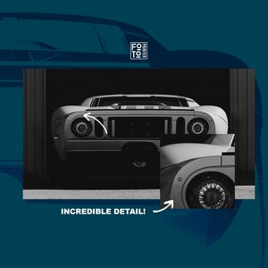 May include: A black and white image of a classic sports car with a detailed view of the wheel and rear lights. The text "INCREDIBLE DETAIL!" is displayed at the bottom of the image.