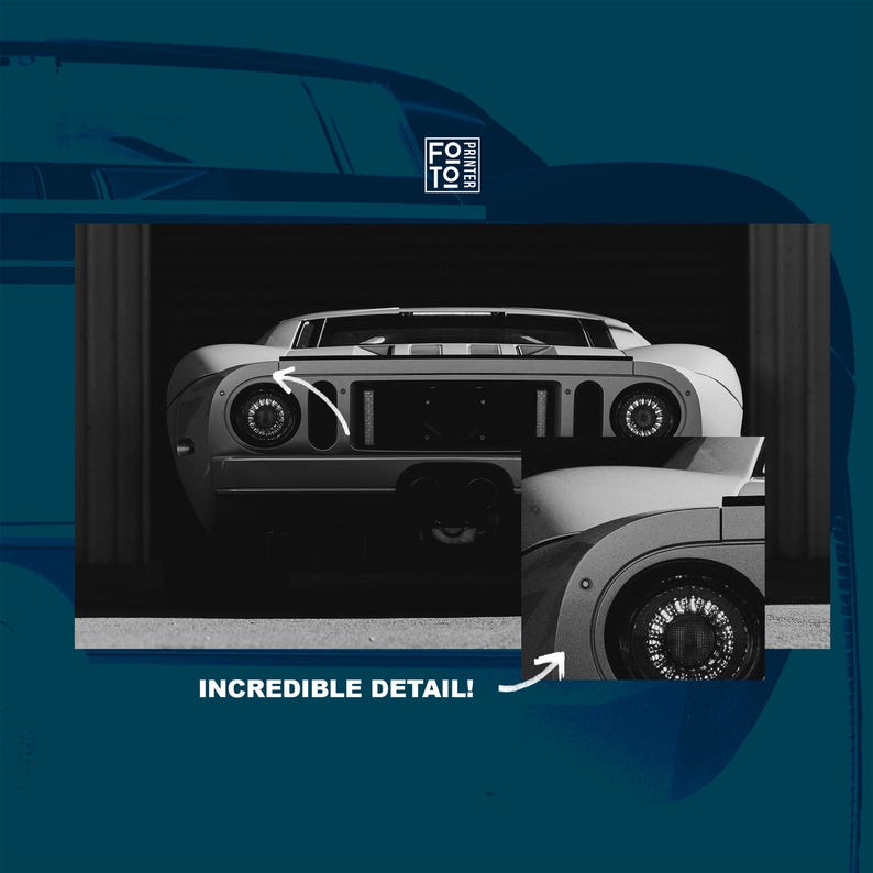 May include: A black and white image of a classic sports car with a detailed view of the wheel and rear lights. The text "INCREDIBLE DETAIL!" is displayed at the bottom of the image.
