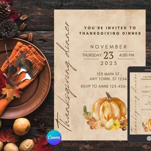 Druckbare Thanksgiving Abendessen einladen Vorlage Thanksgiving canva Vorlage