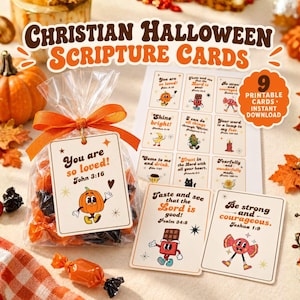 May include: A clear plastic bag filled with orange and black candies, tied with an orange ribbon and a tag reading You are so loved! John 3:16. Beside it are individual cards with Christian scripture and cartoon illustrations of candy.
