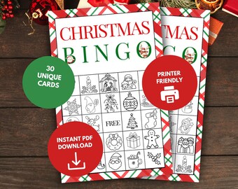 May include: Christmas Bingo game sheets with red and green accents. The text "CHRISTMAS BINGO" is at the top. The sheets have a grid of Christmas-themed illustrations. Includes the text "30 UNIQUE CARDS", "PRINTER FRIENDLY", and "INSTANT PDF DOWNLOAD".
