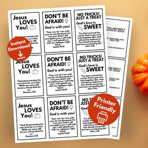 Folheto de Halloween, folhetos cristãos de Halloween para impressão, folhetos de doces ou travessuras, etiqueta de guloseimas de Halloween, cartões de versículos bíblicos de Halloween