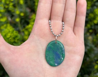 Recycled Plastic Blue Green Oval Pendant Necklace