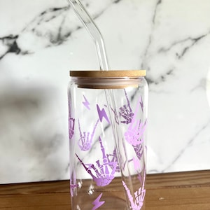 Skeleton Hands glass cup w/ glass straw, purple