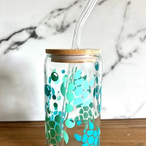 Sea turtle glass cup w/ glass straw, teal