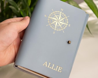 Embossed Compass, Personalized Leather Notebook, Hiking Gift, Refillable, Travelers Journal