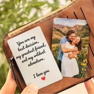 Regalo de tarjeta de metal para novio, regalo de tamaño billetera con foto personalizada, inserto de imagen de tamaño billetera, tarjeta de nota para novio, regalo de imagen de tamaño billetera, nota grabada