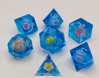 Speak with Plants DnD Dice Set: Translucent Blue Resin, Flower Inserts