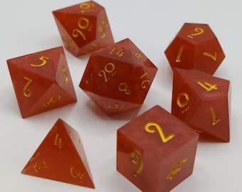 Flaming Sphere DnD Dice Set: Red Shimmer, Sharp Edge