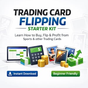 Puede incluir: Un anuncio de un kit de inicio para voltear tarjetas coleccionables. La imagen incluye una calculadora, montones de monedas, tarjetas coleccionables, una computadora portátil y montones de dinero. El texto incluye "Trading Card Flipping Starter Kit" y "Instant Download."
