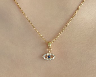 Evil Eye Protection Necklace 18k Gold Hypoallergenic Waterproof Tarnish Resistant Necklace for Minimalist Dainty Pave Evil Eye Necklace