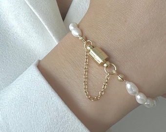 AAA real knotted pearl bracelet 18K gold magnetic clasp natural genuine freshwater pearls rice shape dainty bracelet for birthday gift