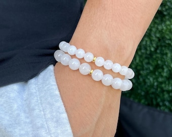 White Jade Bracelet for Strength and Calmness Mens White Bead Bracelet Genuine Natural White Stone Bracelet White Crystal Bracelet for Her