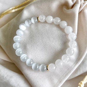 Selenite & White Jade Bracelet for Calmness and Clarity 8mm Natural White Gemstone Bracelet for High Vibrational Energy and Spiritual Growth image 6