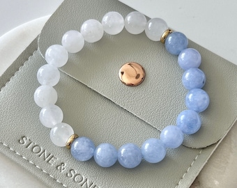 Blue Aquamarine and White Jade Bracelet Calming and Balancing Crystal for March Birthstone Meditation and Spiritual Growth Gemstone Bracelet