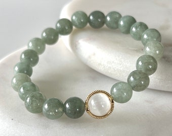 Jade & Selenite Bead Bracelet for Prosperity, Gold and Jade Bracelet for Abundance 8mm Green Gemstone Bracelet Jadeite Bracelet for Luck