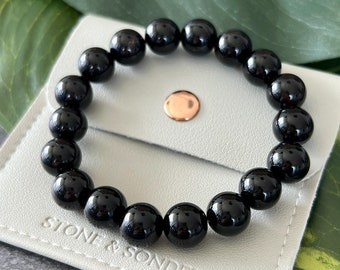 Black Bead Bracelet for Strength & Protection, 10mm Black Onyx Bracelet for Focus and Success, Mens Black Gemstone Bracelet Gift for Him