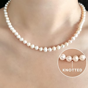 Knotted Pearl Necklace 18k Gold Extender Chain Natural Freshwater Pearl Necklace for Bridal Jewelry 5-6mm Hand Knotted Pearls Bead Necklace