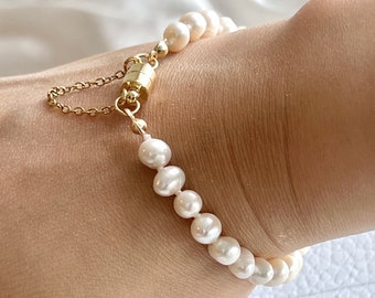 AAA real knotted pearl bracelet 18K gold magnetic clasp natural genuine freshwater pearls round shape dainty bracelet for birthday gift