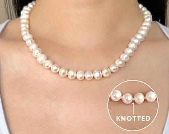 Perlenkette, Hochzeitsperlenkette aus 18-karätigem Gold mit 8–8,5 mm Süßwasserperlen, geknotete Perlenkette, verstellbare Perlenkette für Damen