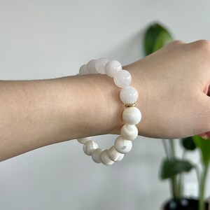 White Bead Bracelet with White Jade & Mother of Pearl 10mm Calming Energy Bracelet for Protection and Love White Crystal Healing Bracelet image 6