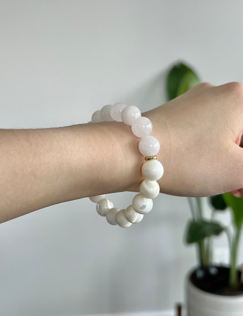 White Bead Bracelet with White Jade & Mother of Pearl 10mm Calming Energy Bracelet for Protection and Love White Crystal Healing Bracelet image 6