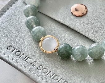 Burmese Jade & Selenite Beaded Bracelet for Prosperity Money Bracelet for Abundance 8mm Green Gemstone Bracelet 18k Myanmar Jade Bracelet