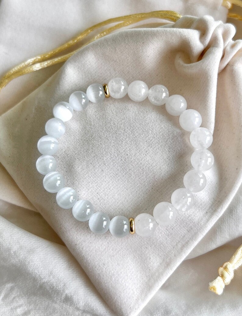 Selenite & White Jade Bracelet for Calmness and Clarity 8mm Natural White Gemstone Bracelet for High Vibrational Energy and Spiritual Growth image 6