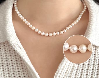 Hand-Knotted Freshwater Pearl Necklace, Classic Bridal Pearl Strand, 5-6mm or 8-9mm, Elegant Pearl Jewelry