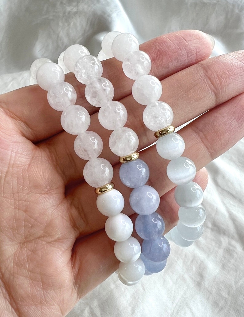 Selenite & White Jade Bracelet for Calmness and Clarity 8mm Natural White Gemstone Bracelet for High Vibrational Energy and Spiritual Growth image 8