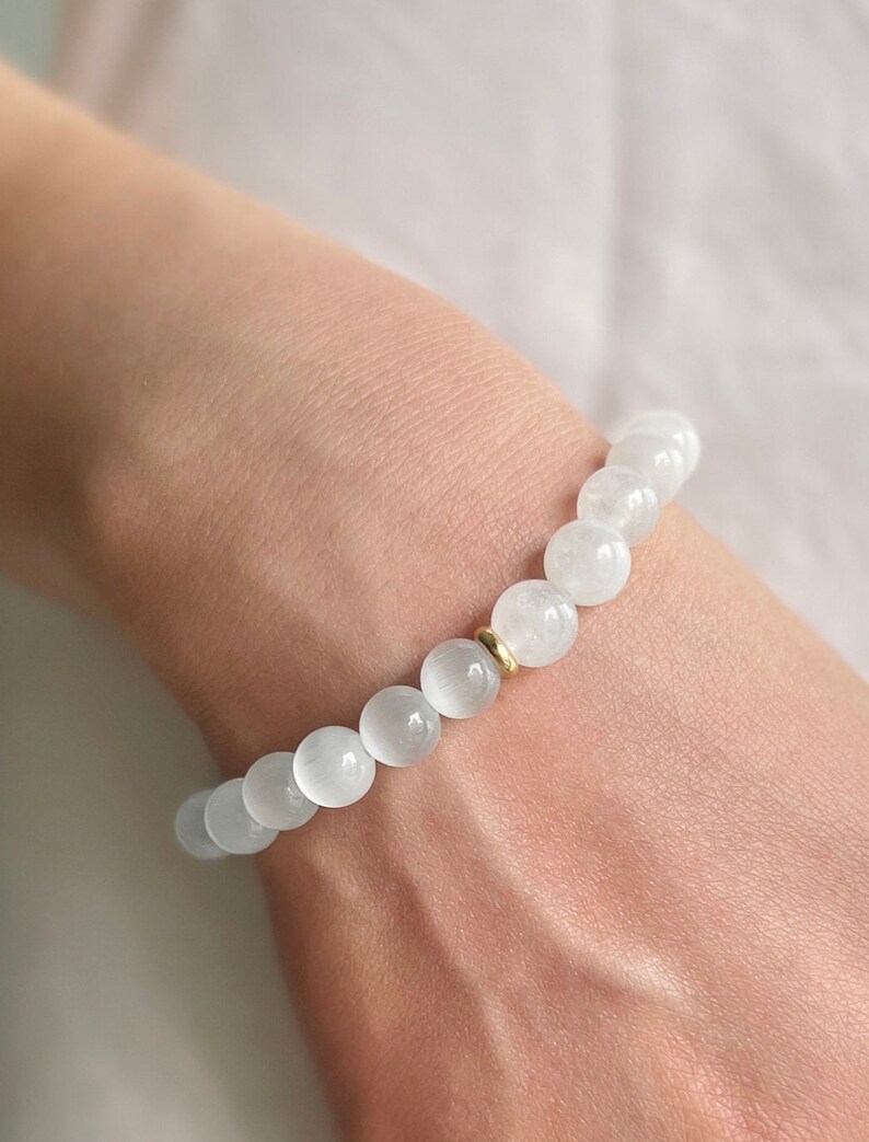 Selenite & White Jade Bracelet for Calmness and Clarity 8mm Natural White Gemstone Bracelet for High Vibrational Energy and Spiritual Growth image 2