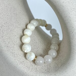 White Bead Bracelet with White Jade & Mother of Pearl 10mm Calming Energy Bracelet for Protection and Love White Crystal Healing Bracelet image 7