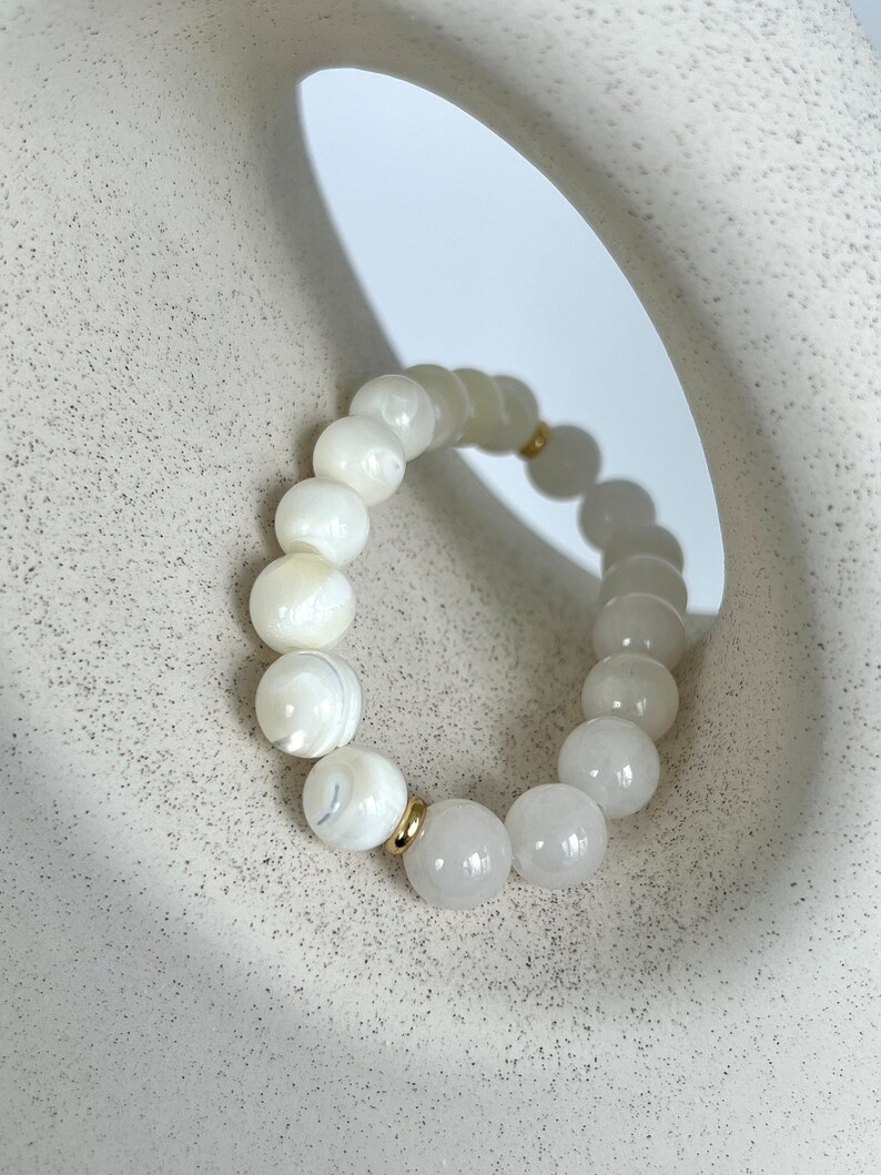 White Bead Bracelet with White Jade & Mother of Pearl 10mm Calming Energy Bracelet for Protection and Love White Crystal Healing Bracelet image 7